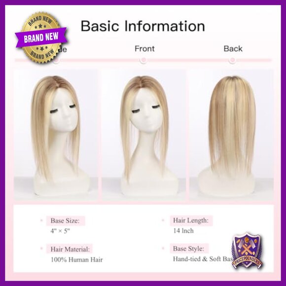 14 Inch Human Hair Topper for Thinning Hair, Hand-Tied Base with Non-Slip Clips